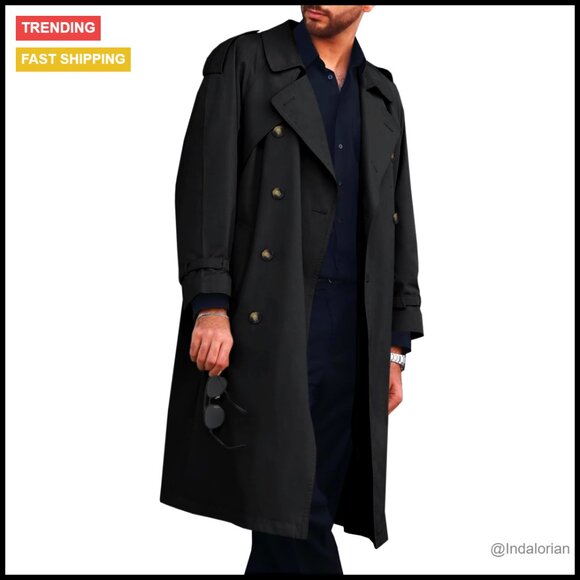 Classic Trench Coat Double Breasted Overcoat Belted Windbreaker Notched Lapel